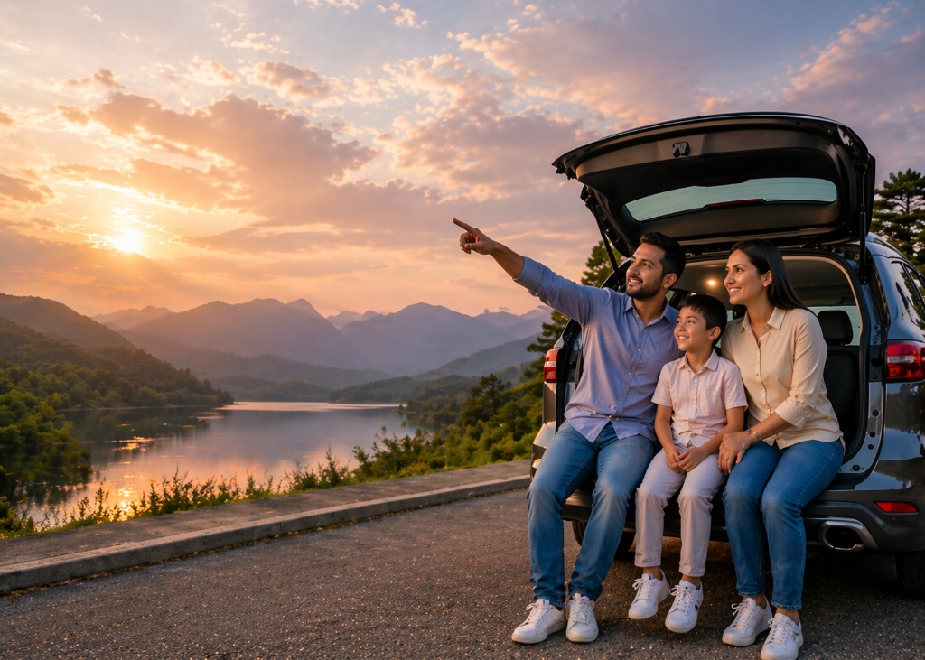 Happy Sri Lankan Family with Car